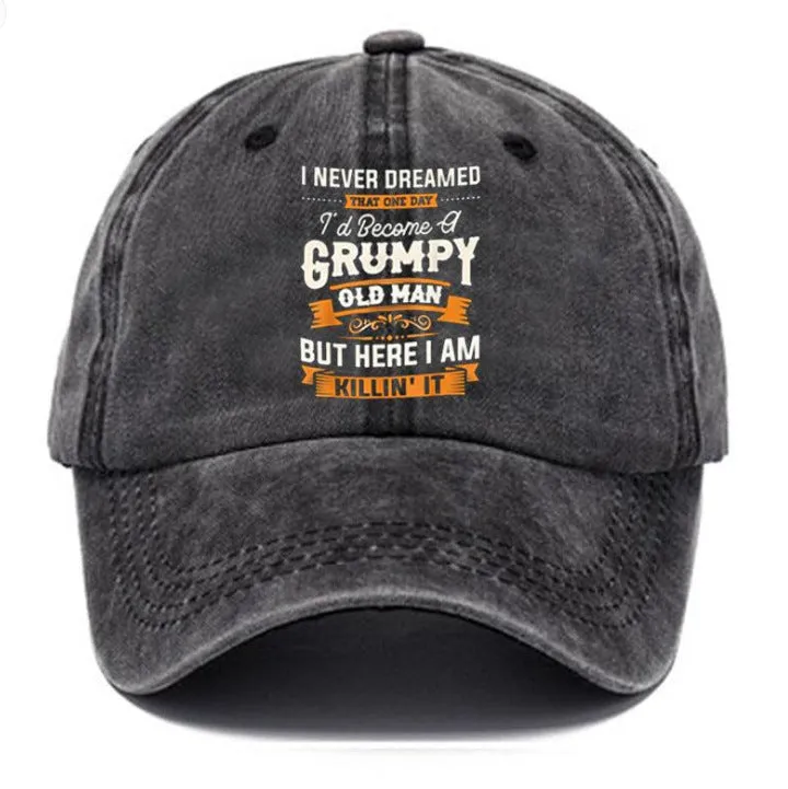 Washed print denim baseball cap with dome crown in retro style, available in multiple colours