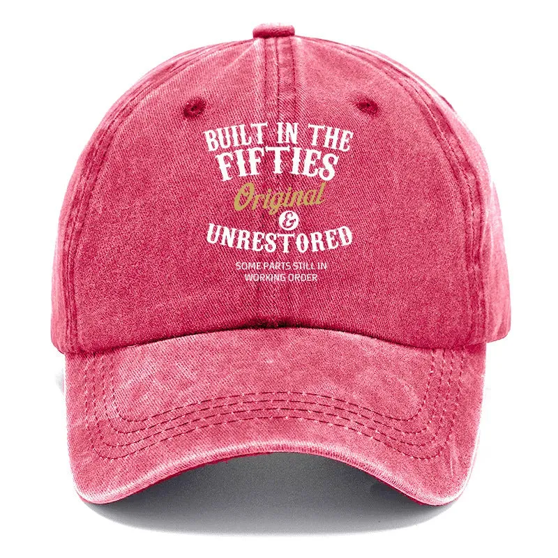 Washed print denim baseball cap with dome crown in retro style, available in multiple colours