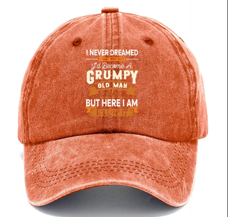 Washed print denim baseball cap with dome crown in retro style, available in multiple colours