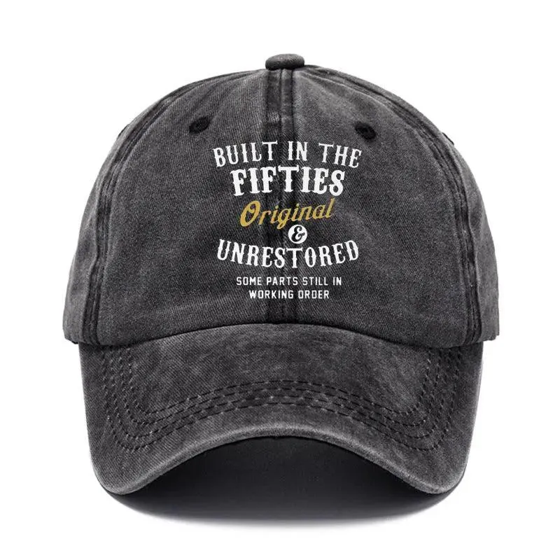 Washed print denim baseball cap with dome crown in retro style, available in multiple colours