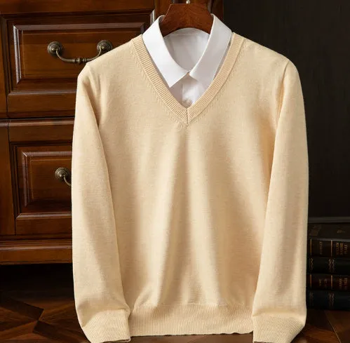 Men's knitted viscose-blend V-neck pullover sweater in light grey with ribbed hem