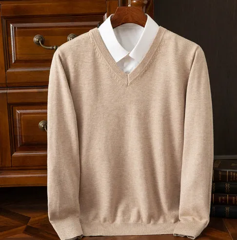 Men's knitted viscose-blend V-neck pullover sweater in light grey with ribbed hem