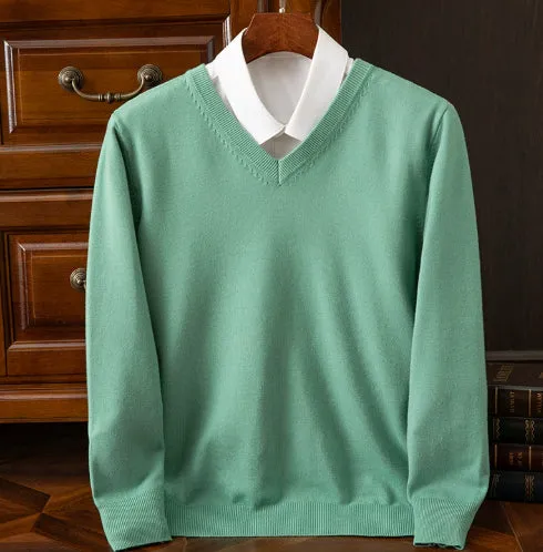 Men's knitted viscose-blend V-neck pullover sweater in light grey with ribbed hem