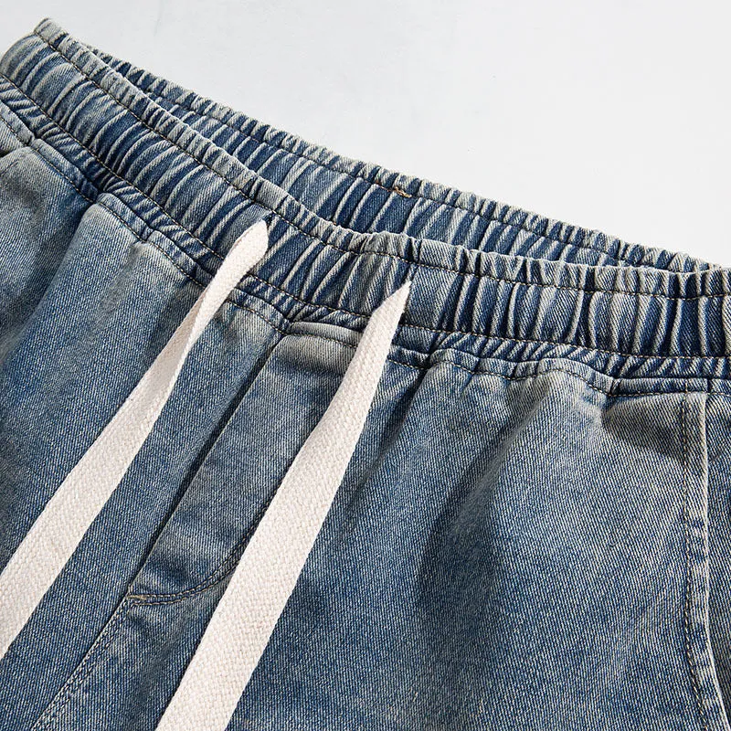Blue Hong Kong style retro heavy wash distressed loose fit fleece lined jeans for teenagers