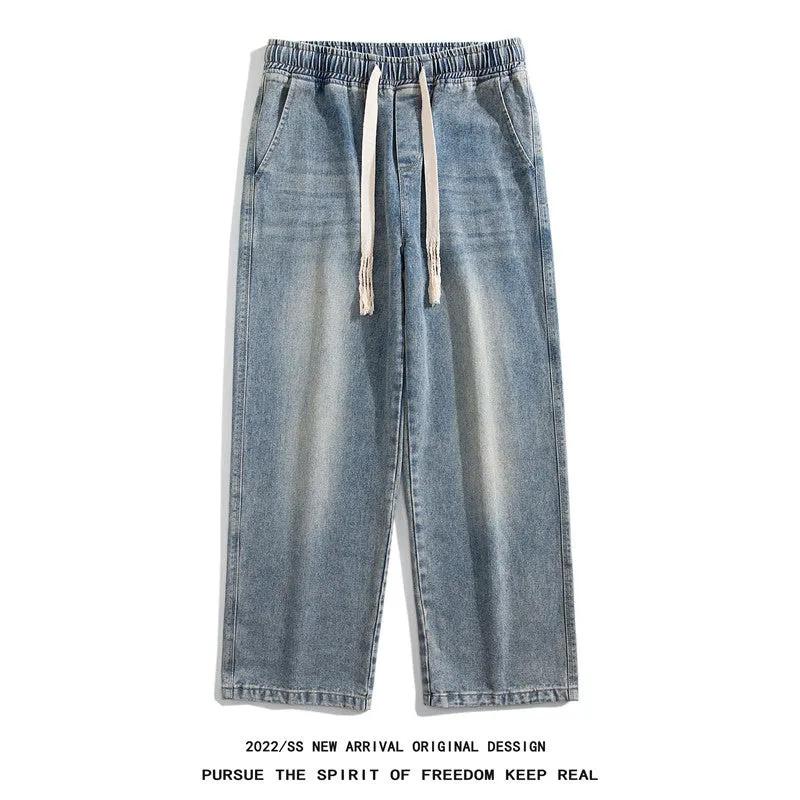 Blue Hong Kong style retro heavy wash distressed loose fit fleece lined jeans for teenagers