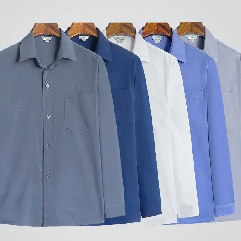 Men's loose casual long sleeve shirt in solid colour, polyester cardigan style, available in dark blue, dark gray, gray, light blue, light gray, white.