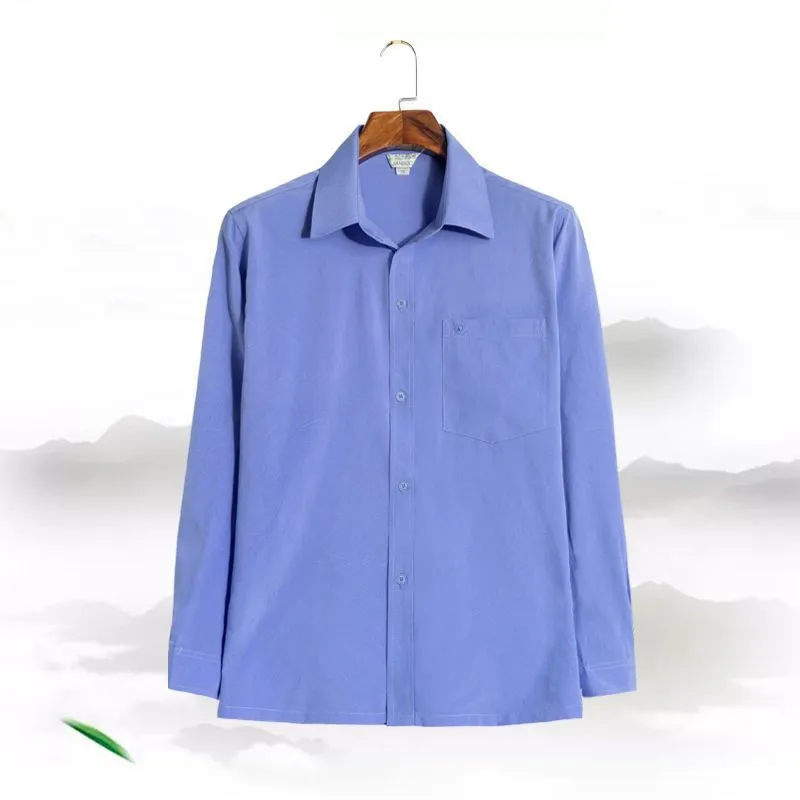 Men's loose casual long sleeve shirt in solid colour, polyester cardigan style, available in dark blue, dark gray, gray, light blue, light gray, white.