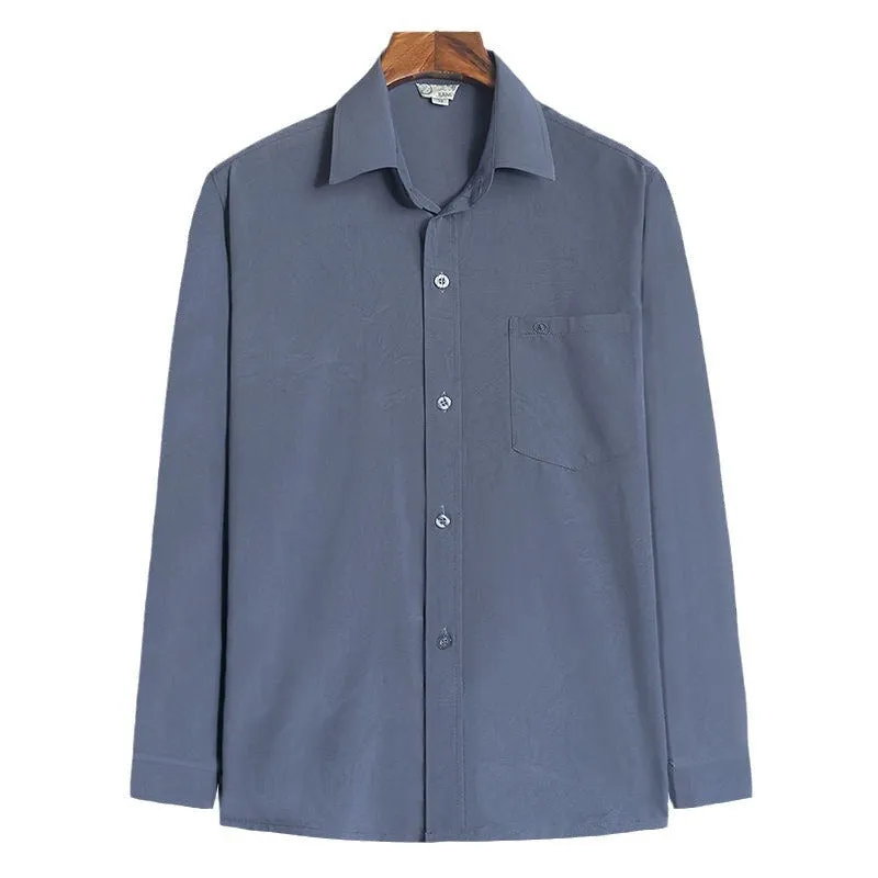 Men's loose casual long sleeve shirt in solid colour, polyester cardigan style, available in dark blue, dark gray, gray, light blue, light gray, white.