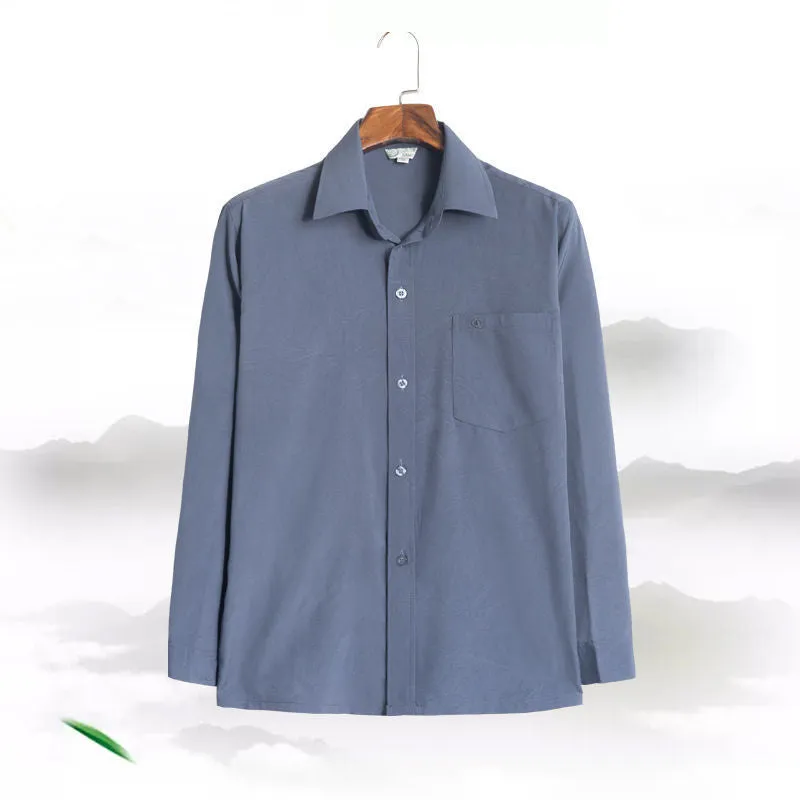 Men's loose casual long sleeve shirt in solid colour, polyester cardigan style, available in dark blue, dark gray, gray, light blue, light gray, white.