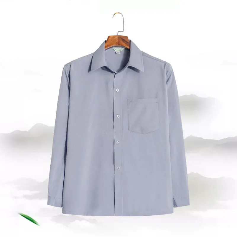 Men's loose casual long sleeve shirt in solid colour, polyester cardigan style, available in dark blue, dark gray, gray, light blue, light gray, white.