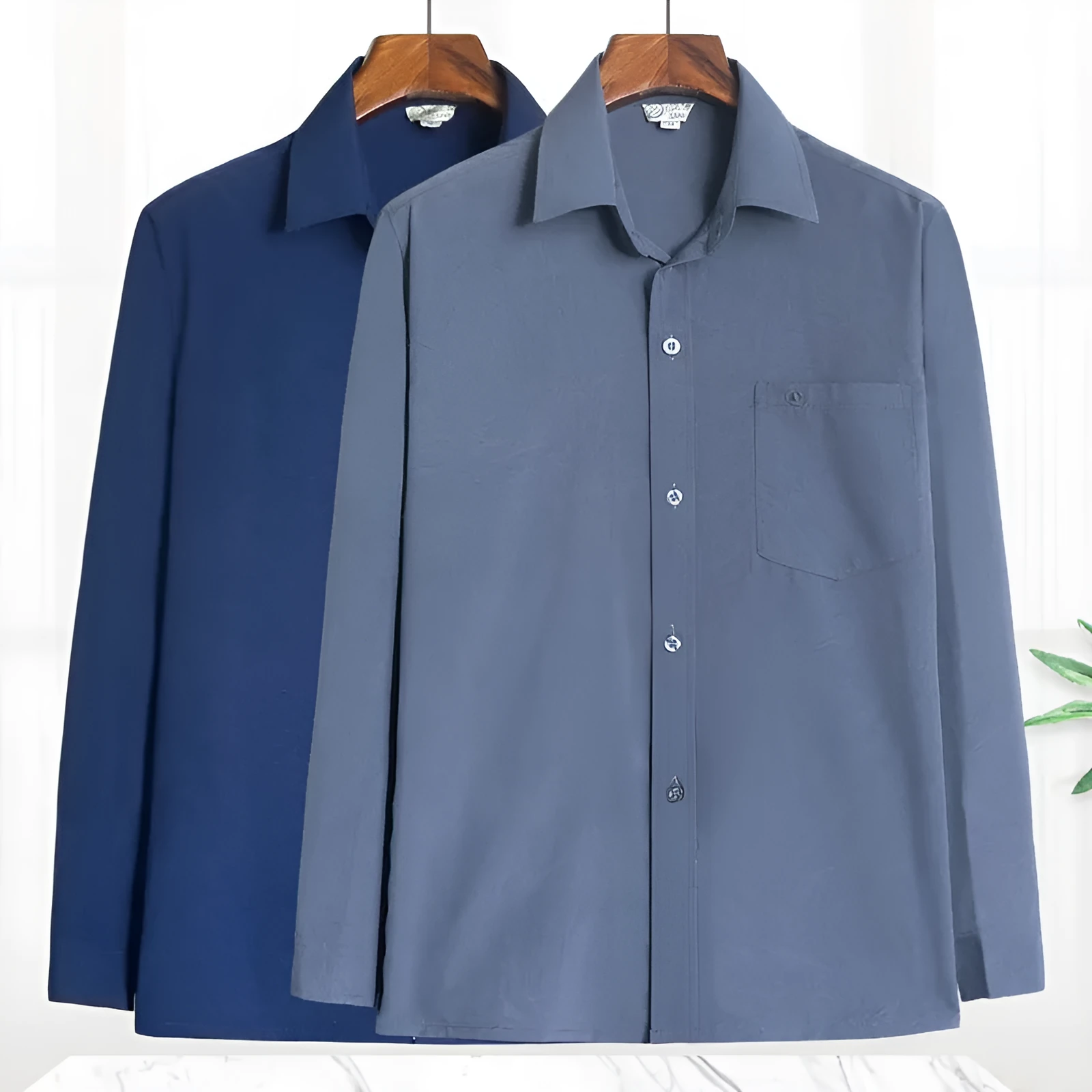 Men's loose casual long sleeve shirt in solid colour, polyester cardigan style, available in dark blue, dark gray, gray, light blue, light gray, white.