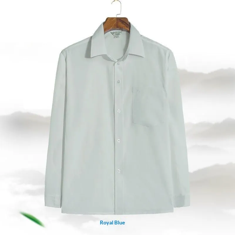 Men's loose casual long sleeve shirt in solid colour, polyester cardigan style, available in dark blue, dark gray, gray, light blue, light gray, white.