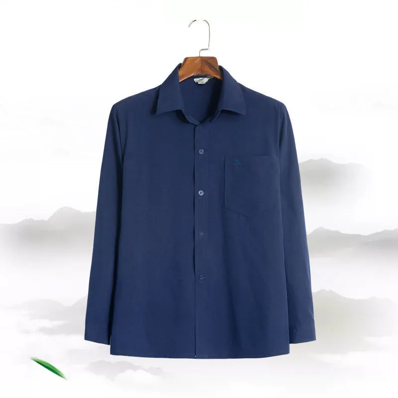 Men's loose casual long sleeve shirt in solid colour, polyester cardigan style, available in dark blue, dark gray, gray, light blue, light gray, white.