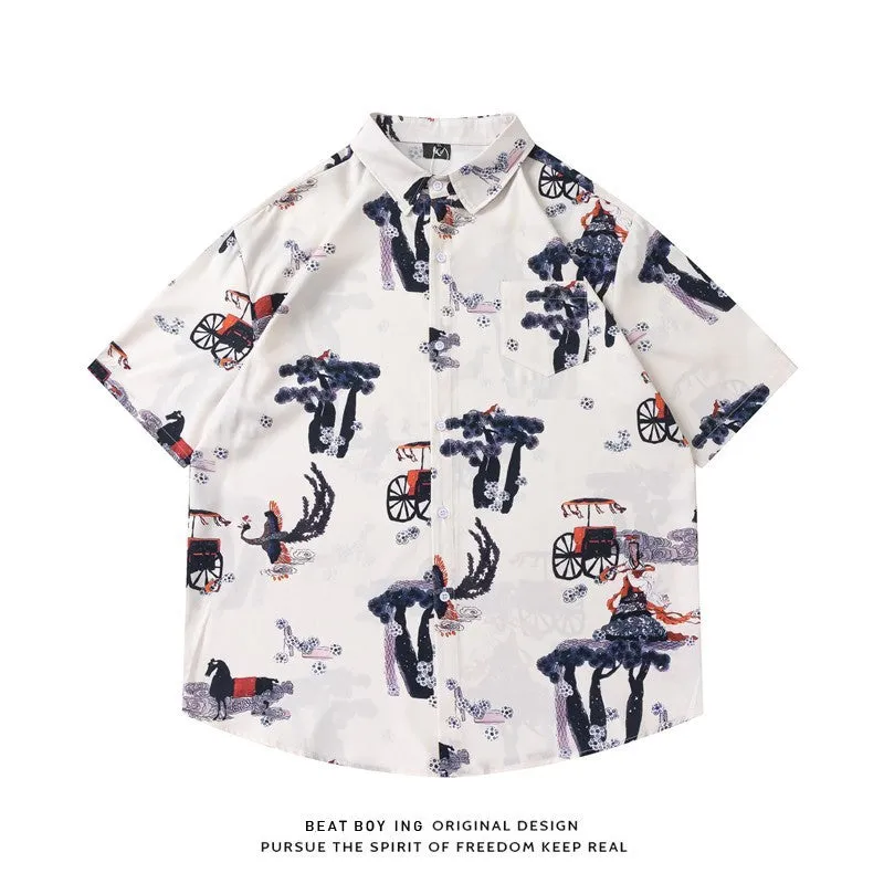 A loose-fitting men's short sleeve shirt with a colourful floral print, made from polyester.