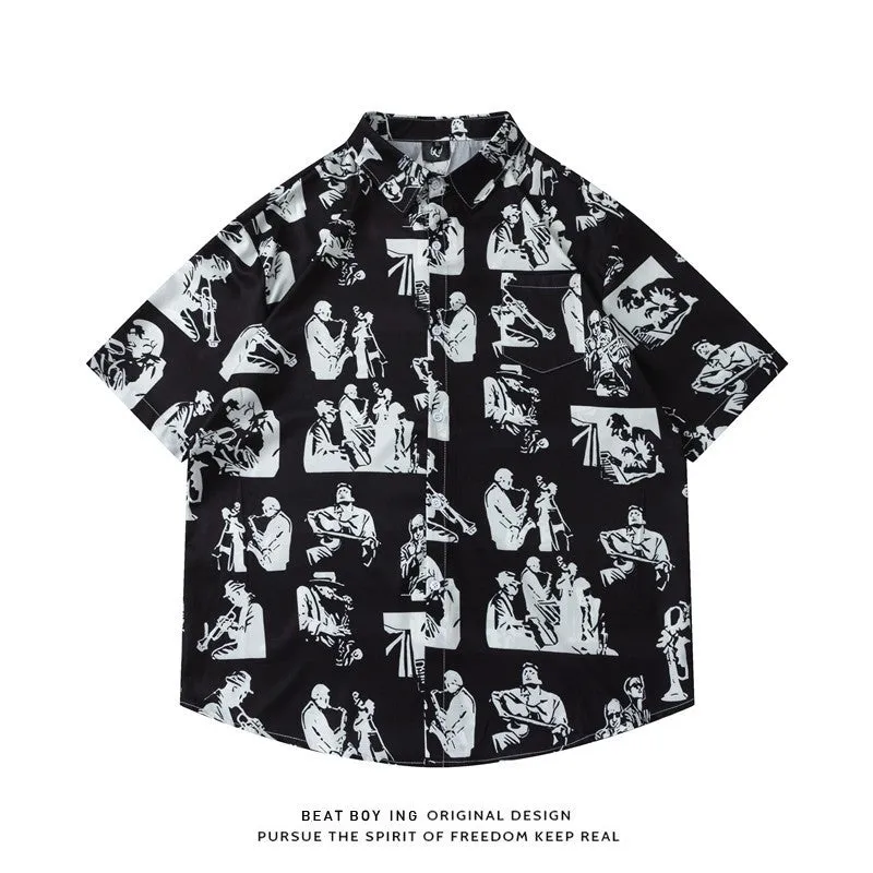 A loose-fitting men's short sleeve shirt with a colourful floral print, made from polyester.