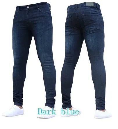 Slim-fit men's jeans in dark blue cotton with button and zip fly