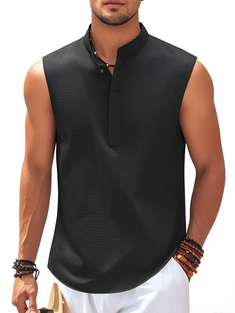 Men's stand collar sleeveless vest in striped jacquard weave, shown in front view, available in 9 colours
