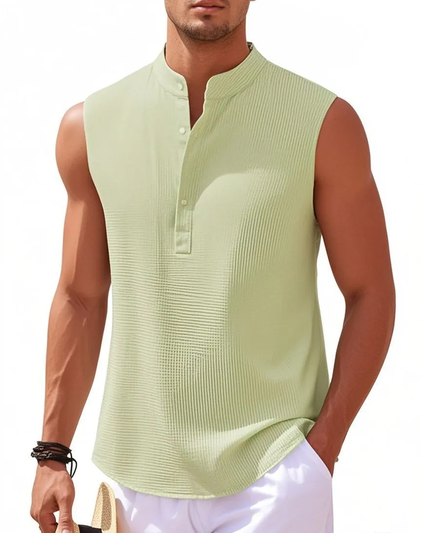 Men's stand collar sleeveless vest in striped jacquard weave, shown in front view, available in 9 colours