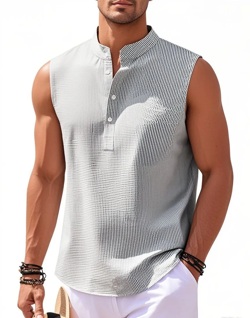 Men's stand collar sleeveless vest in striped jacquard weave, shown in front view, available in 9 colours