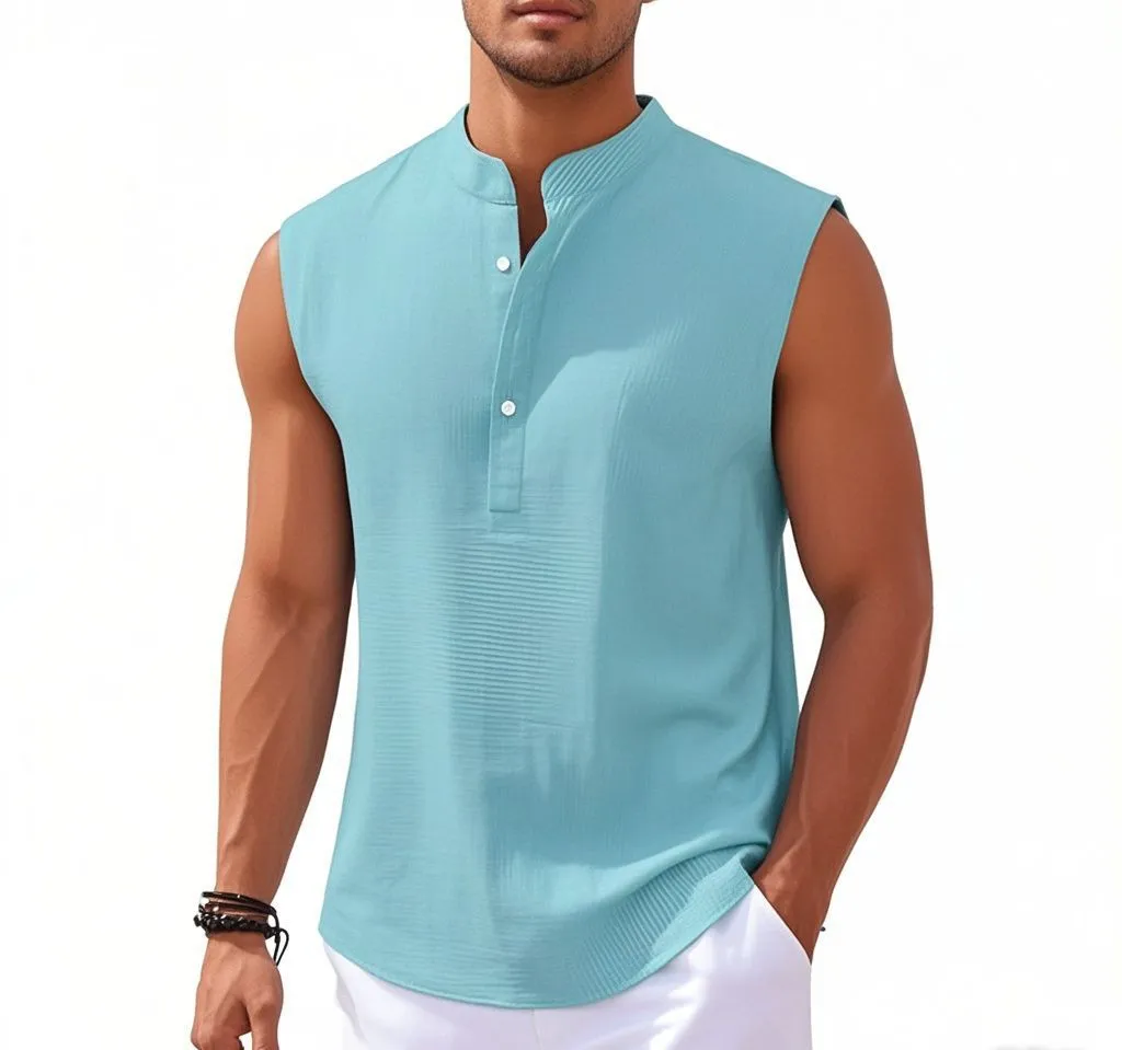 Men's stand collar sleeveless vest in striped jacquard weave, shown in front view, available in 9 colours