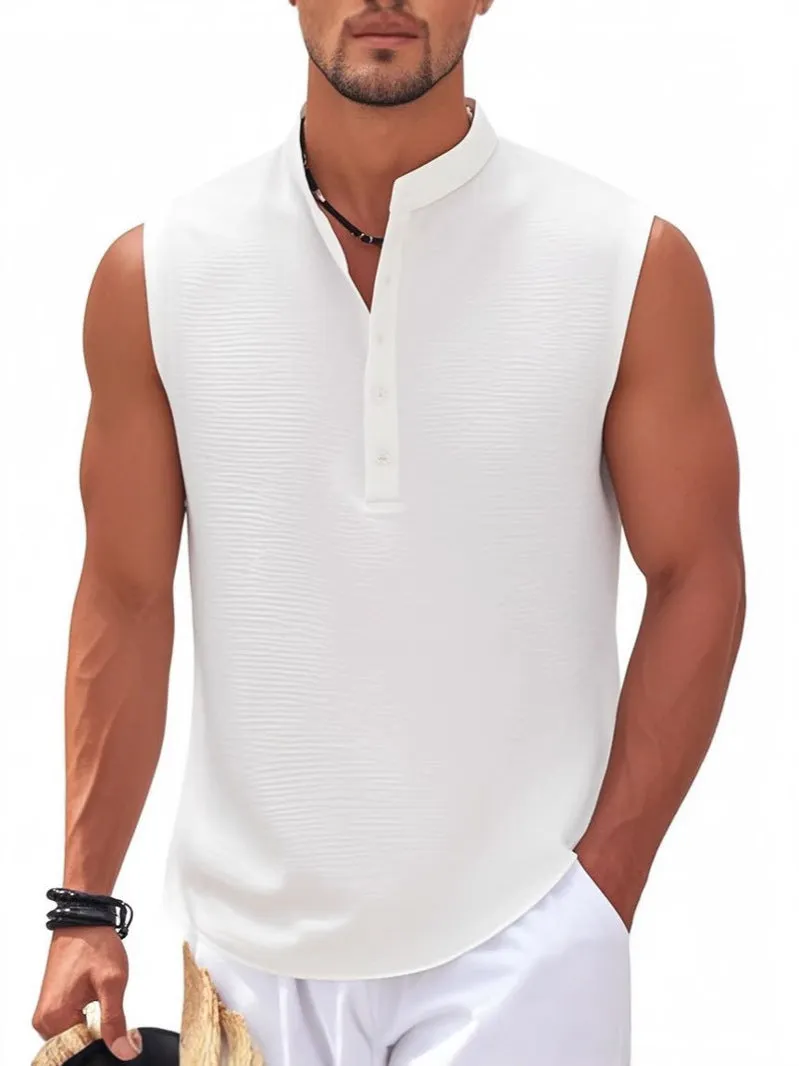 Men's stand collar sleeveless vest in striped jacquard weave, shown in front view, available in 9 colours