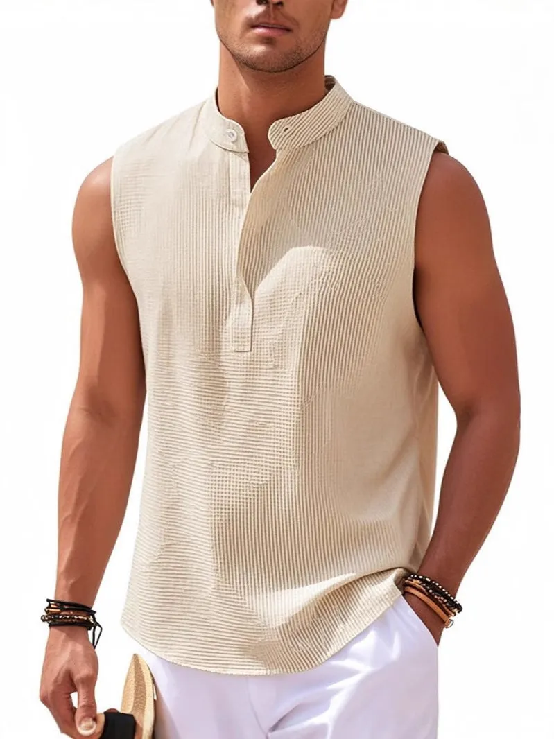 Men's stand collar sleeveless vest in striped jacquard weave, shown in front view, available in 9 colours