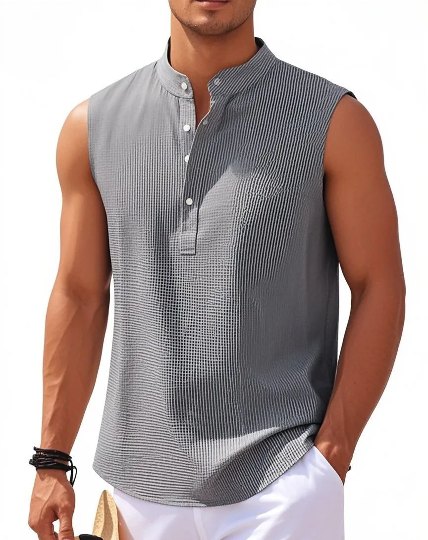 Men's stand collar sleeveless vest in striped jacquard weave, shown in front view, available in 9 colours