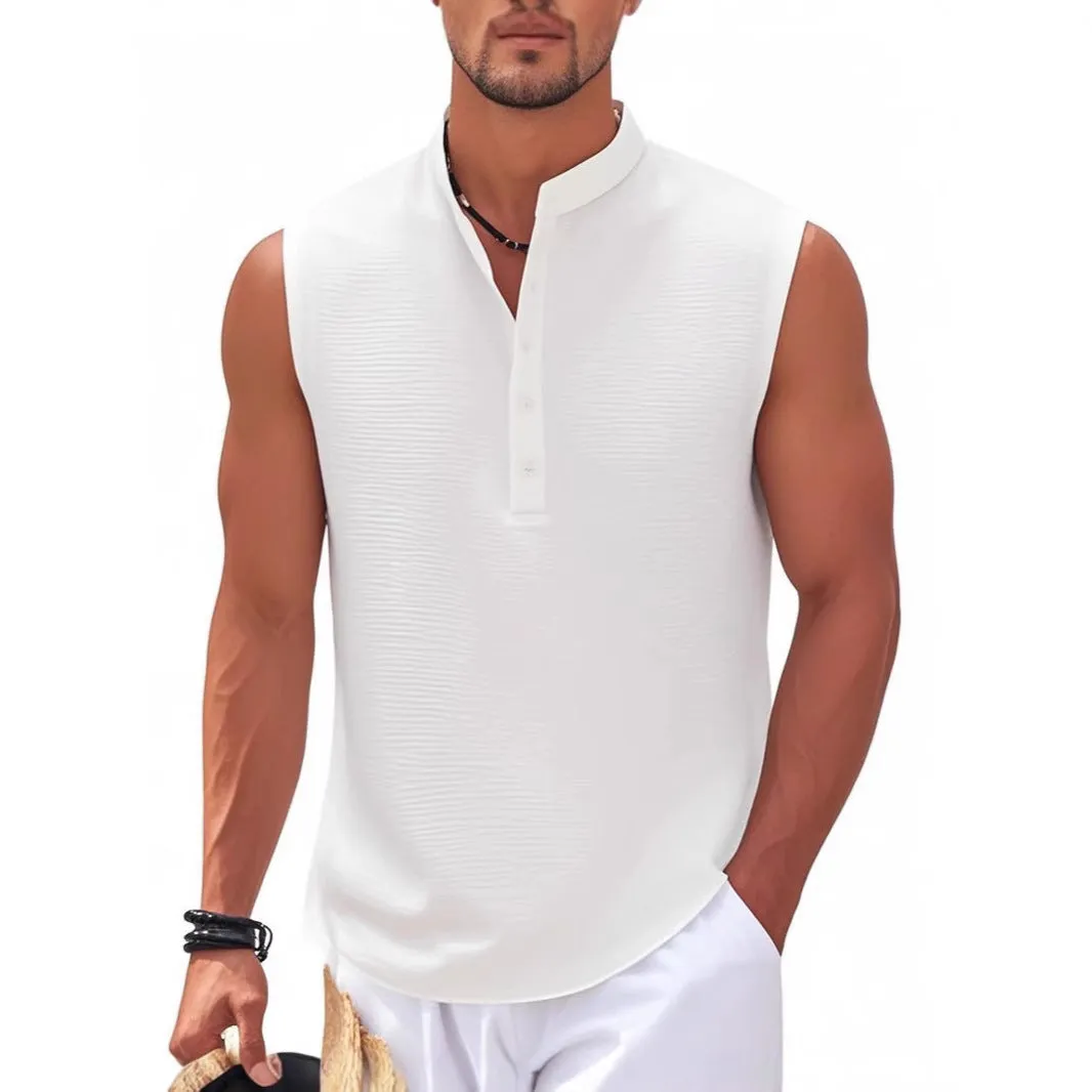 Men's stand collar sleeveless vest in striped jacquard weave, shown in front view, available in 9 colours