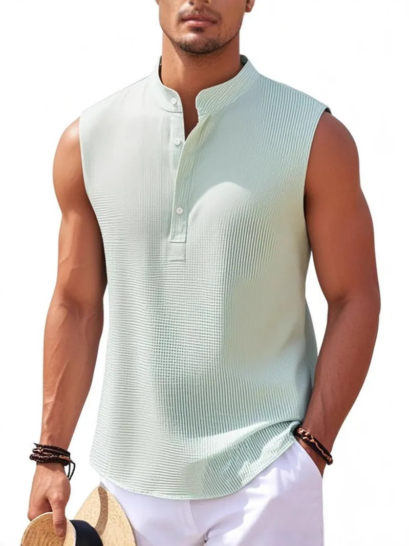 Men's stand collar sleeveless vest in striped jacquard weave, shown in front view, available in 9 colours