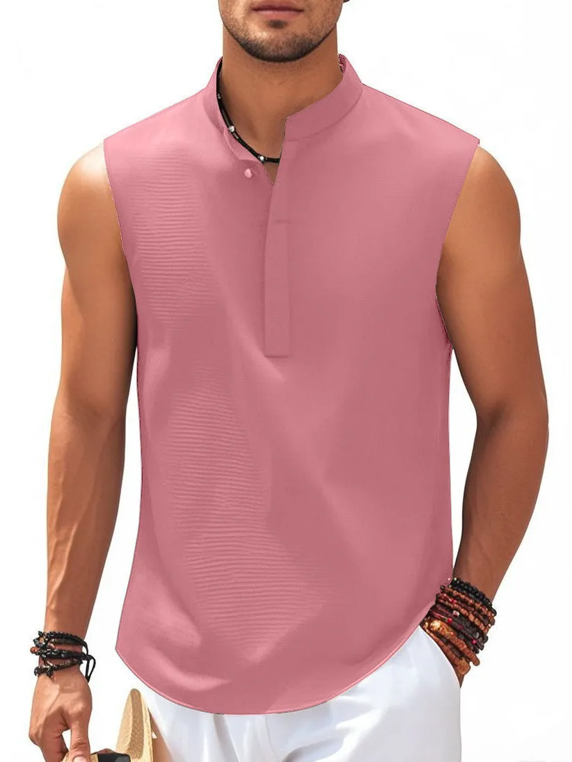 Men's stand collar sleeveless vest in striped jacquard weave, shown in front view, available in 9 colours