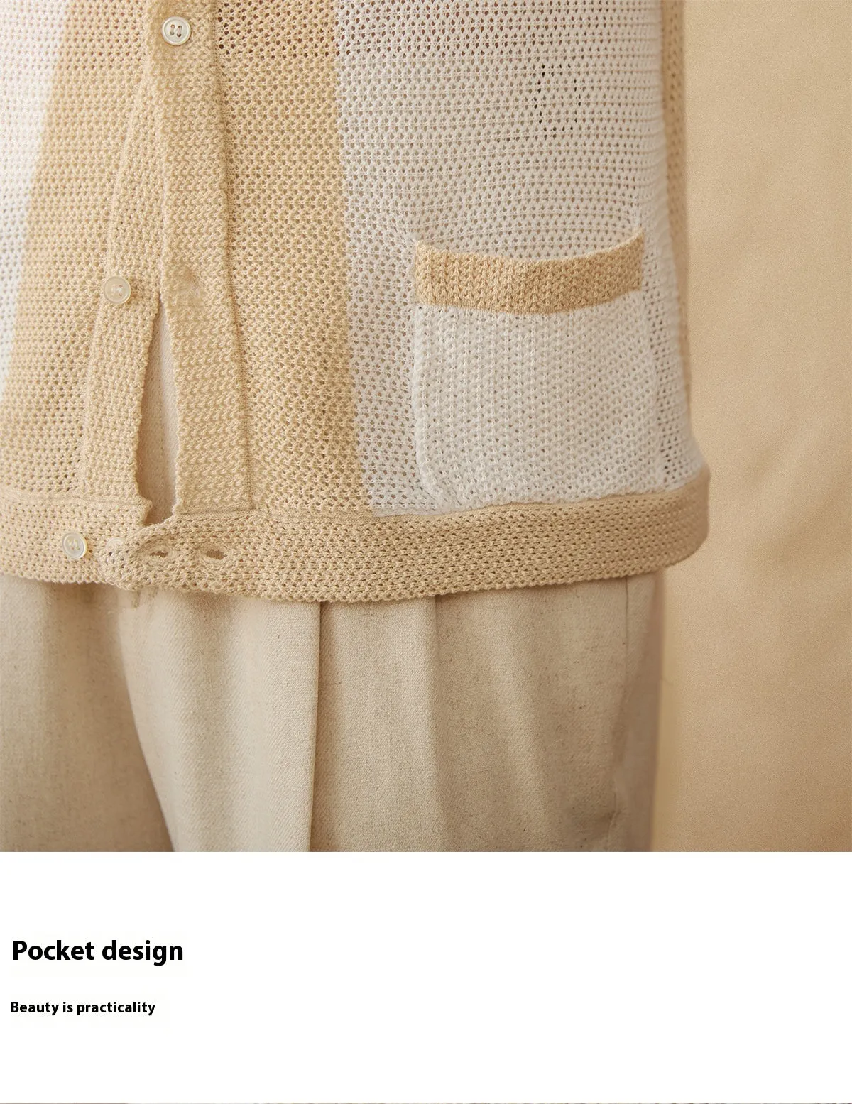 Short-sleeved lapel cardigan top in cotton linen blend available in beige and chocolate colours