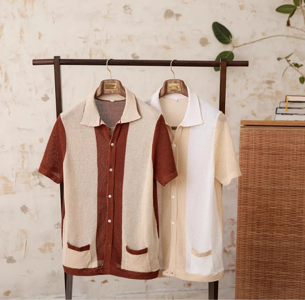 Short-sleeved lapel cardigan top in cotton linen blend available in beige and chocolate colours
