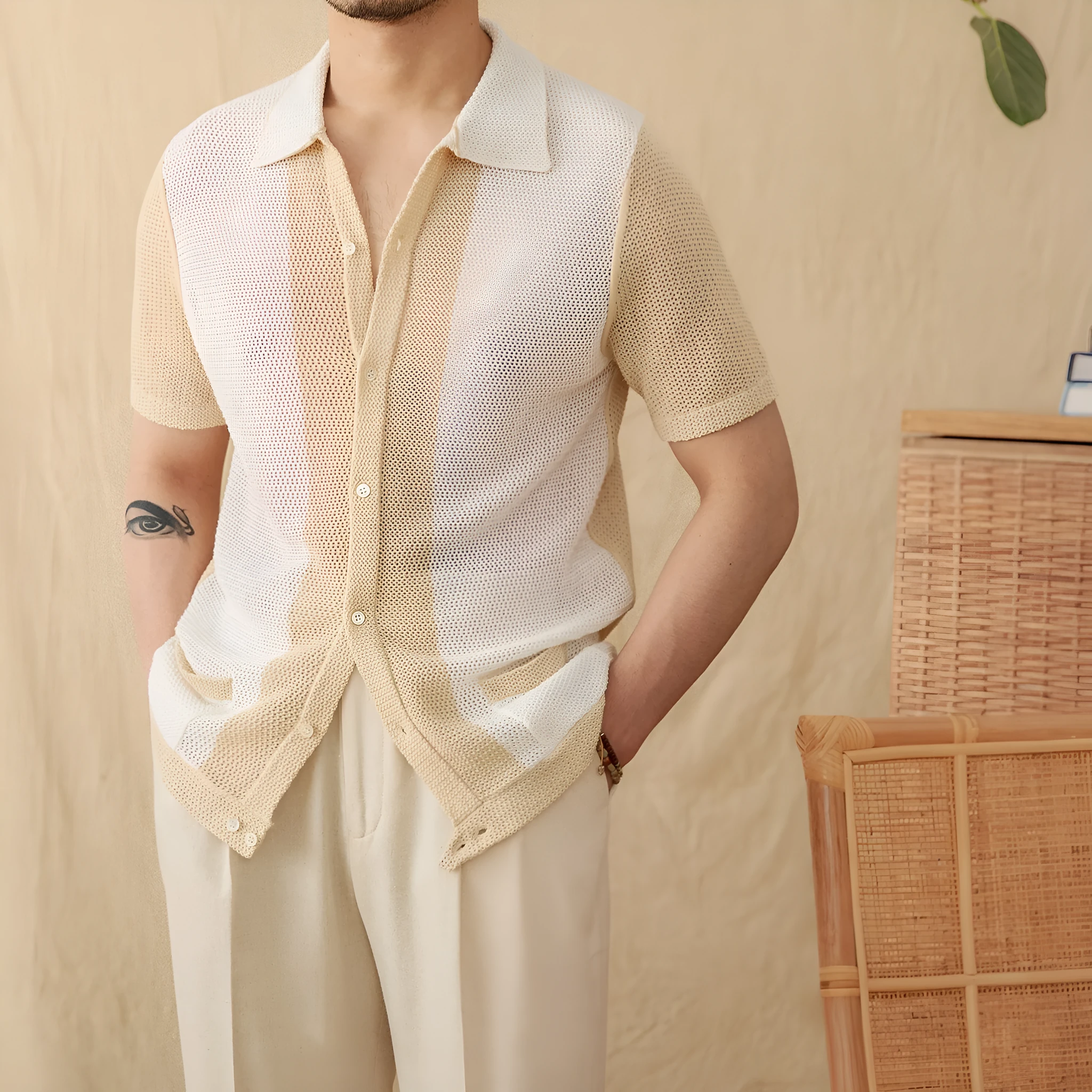 Short-sleeved lapel cardigan top in cotton linen blend available in beige and chocolate colours