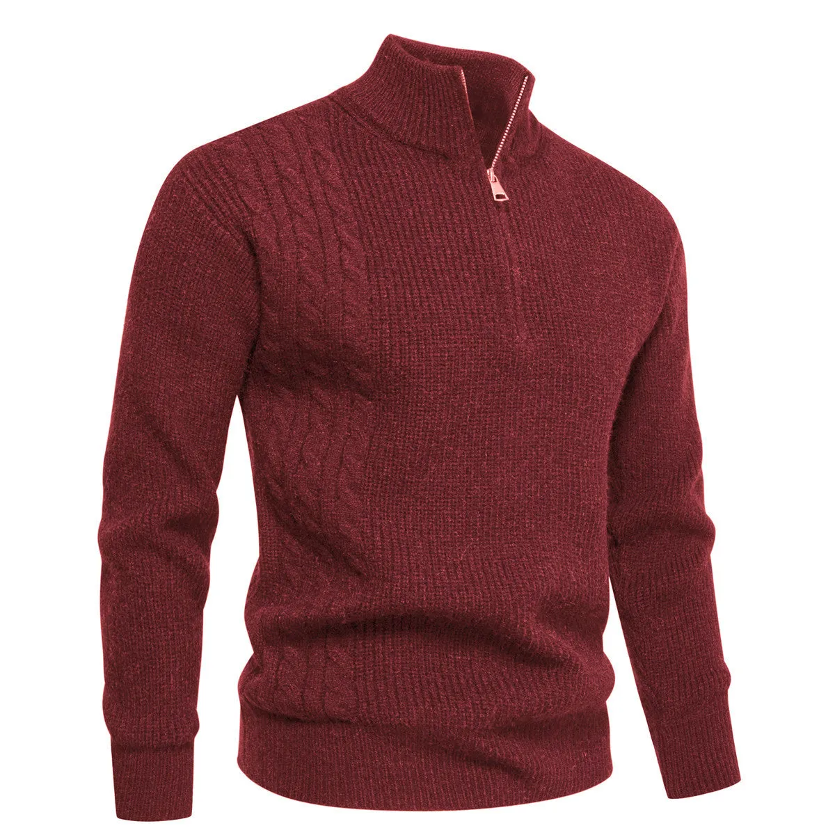 Men's half-zip pullover sweater in thickened polyester, loose fit, autumn winter casual wear