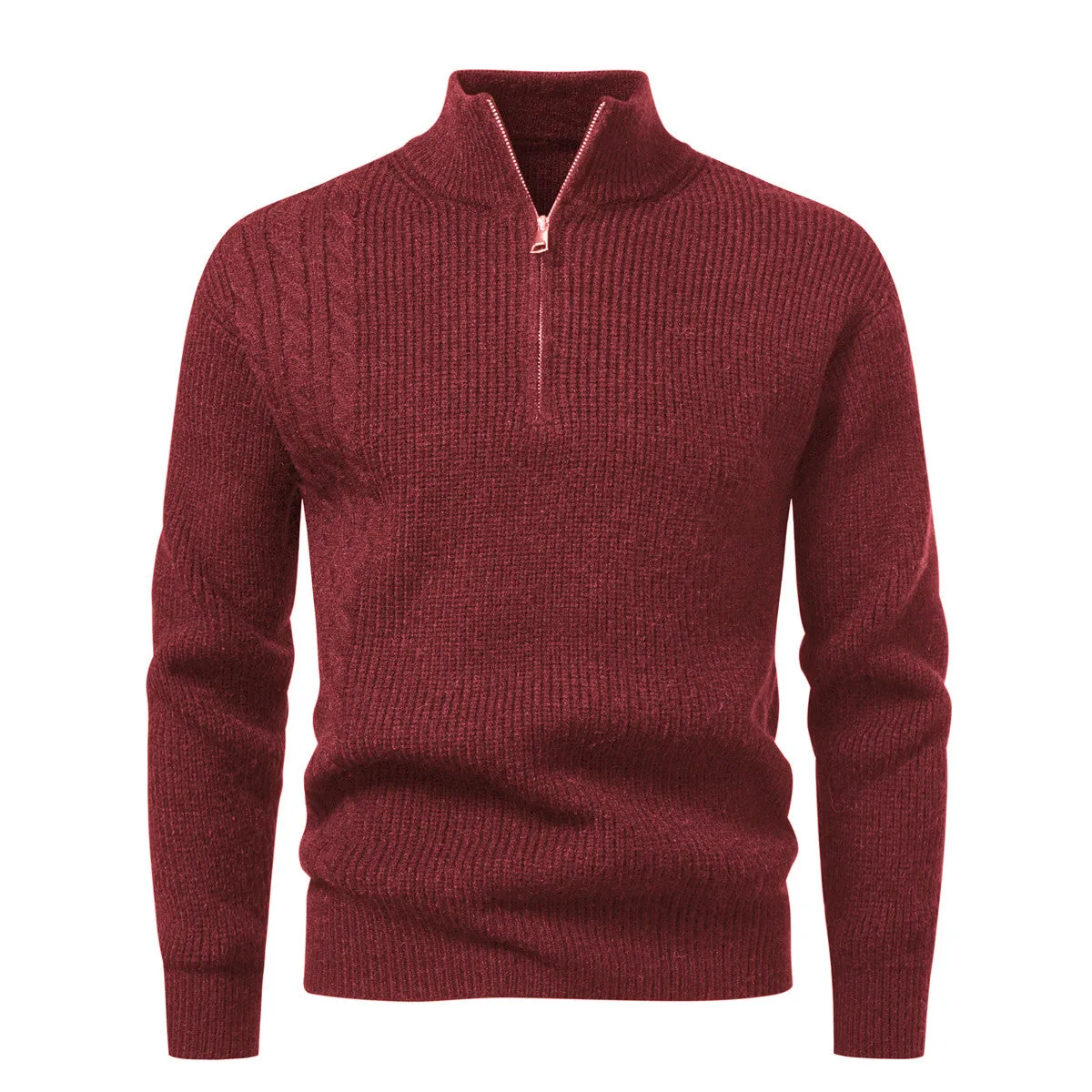 Men's half-zip pullover sweater in thickened polyester, loose fit, autumn winter casual wear