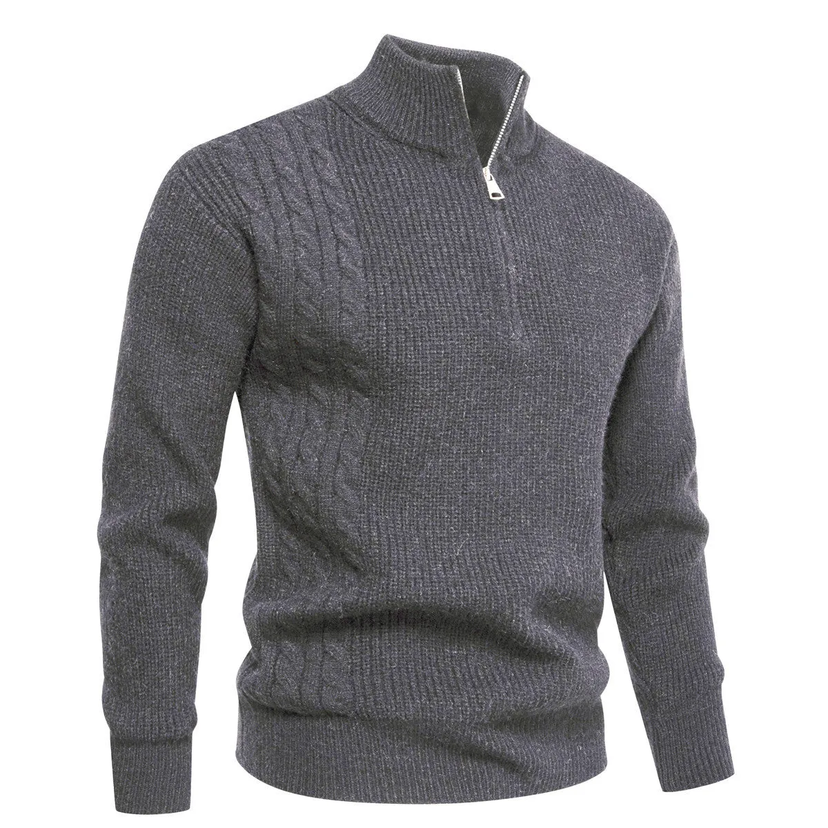 Men's half-zip pullover sweater in thickened polyester, loose fit, autumn winter casual wear