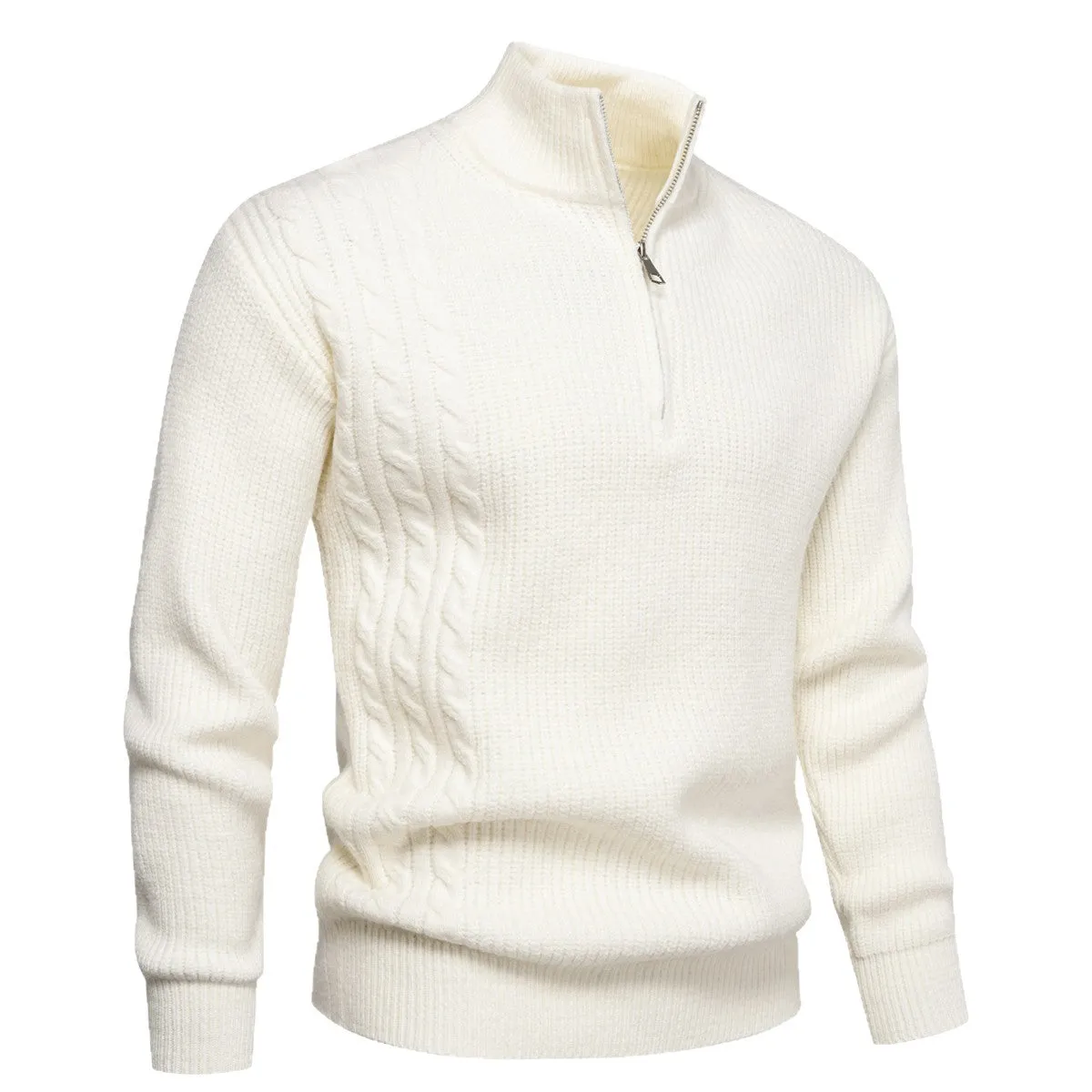 Men's half-zip pullover sweater in thickened polyester, loose fit, autumn winter casual wear