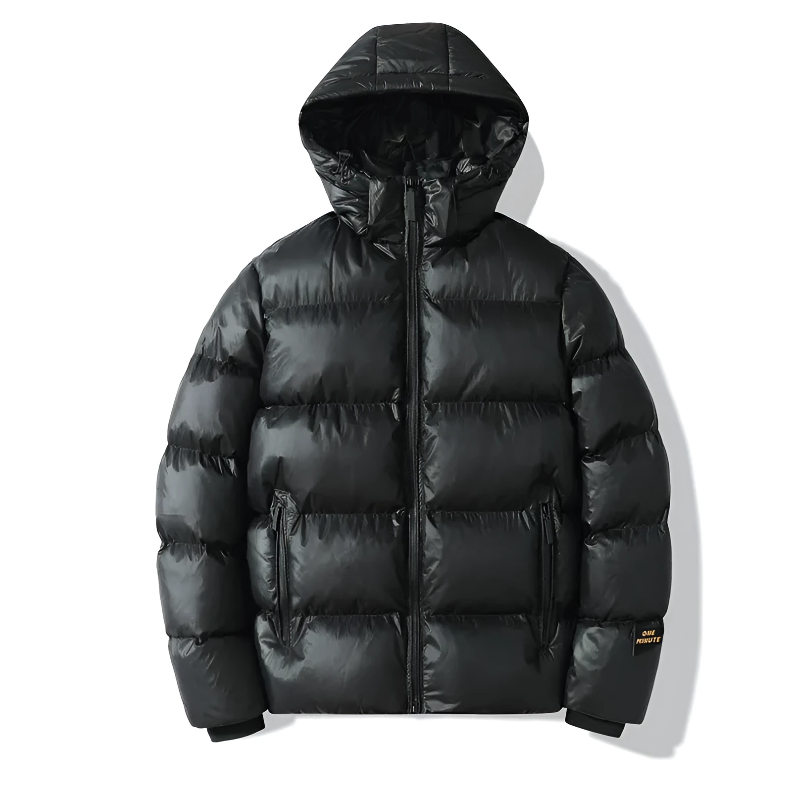 Loose fit solid colour hooded cotton jacket in army green with side seam pockets on one person