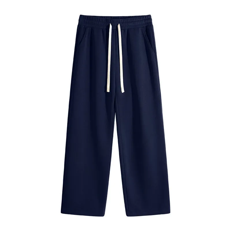 Men's casual high waist straight leg drawstring sweatpants in navy blue, 65% cotton, loose fit
