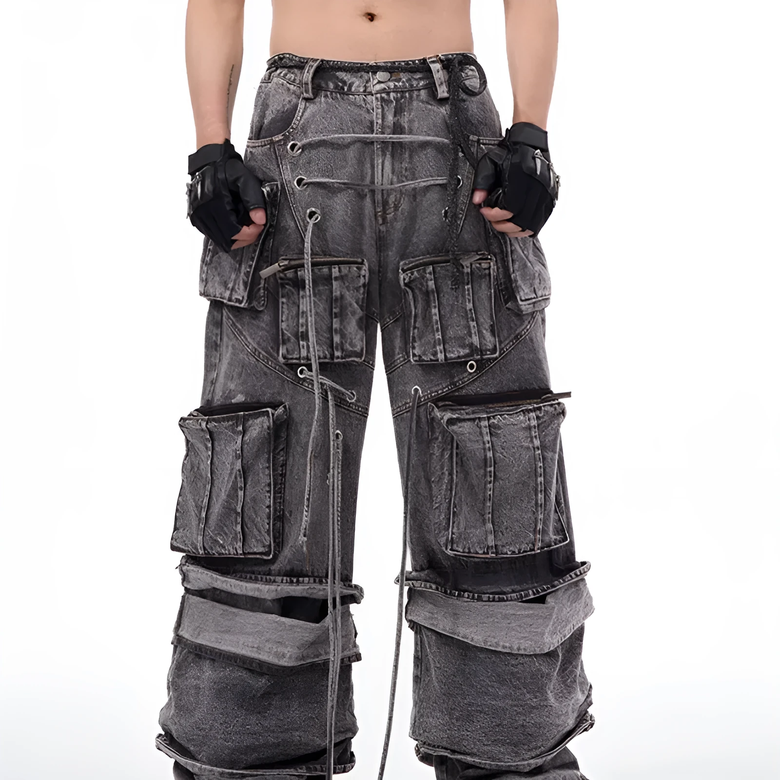 Grey distressed denim overalls with rope stitching on a hanger