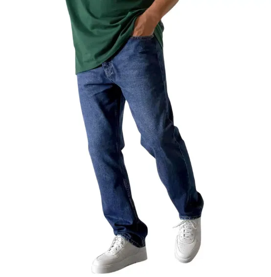 Men's cotton cowboy bootcut trousers in dark blue with stone wash finish, slightly flared leg