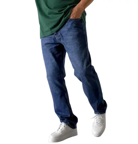 Men's cotton cowboy bootcut trousers in dark blue with stone wash finish, slightly flared leg