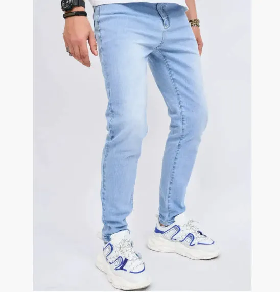 Men's light blue stretch slim-fit jeans cotton trousers side view