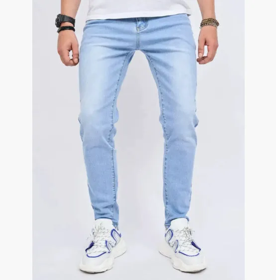 Men's light blue stretch slim-fit jeans cotton trousers side view