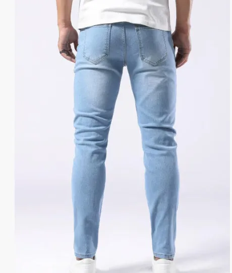 Men's light blue stretch slim-fit jeans cotton trousers side view
