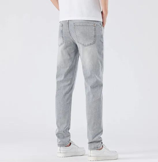 Men's light grey slim straight leg jeans with cotton no-iron finish, straight cut with small tube cuff