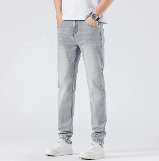 Men's light grey slim straight leg jeans with cotton no-iron finish, straight cut with small tube cuff