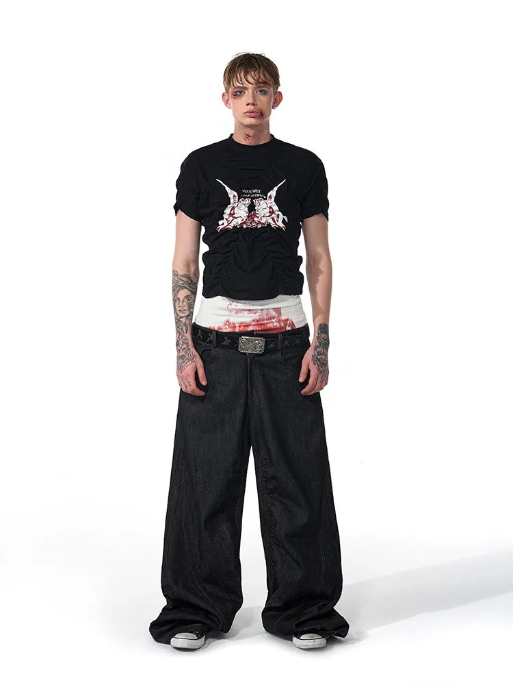Men's black summer t-shirt with printed pleating detail and slim fit design