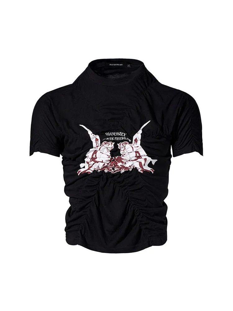 Men's black summer t-shirt with printed pleating detail and slim fit design