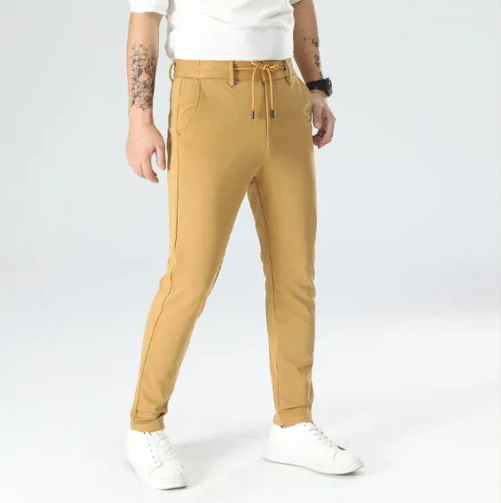 Drawstring waist slim straight stretch dress pants in Army Green, side view, women's casual trousers